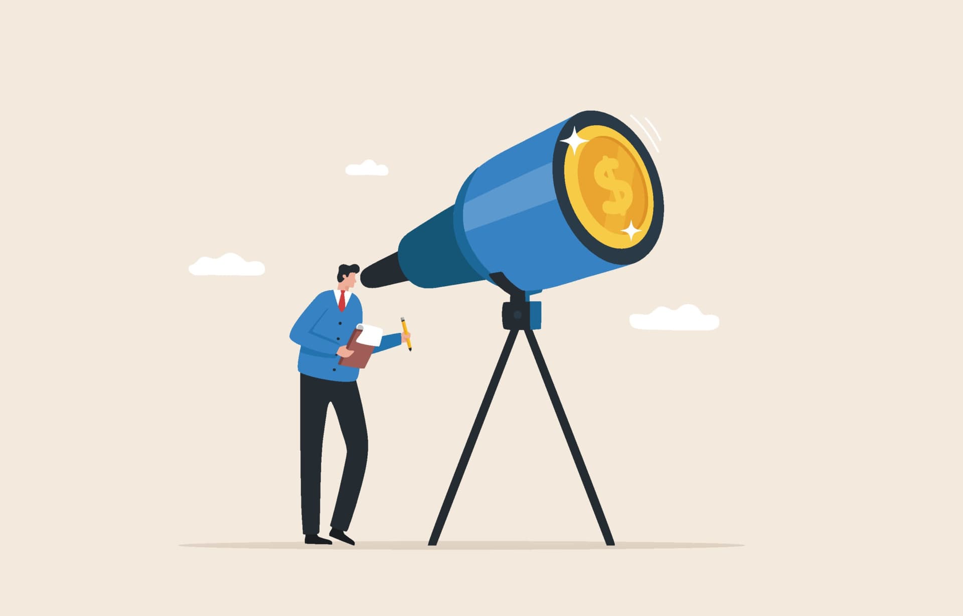 Look for a financial future or investment opportunity. Research Find investment information. Expand the scope of investment to foreign countries. Financial predictions.Business investors look through telescopes to see the dollar sign.
